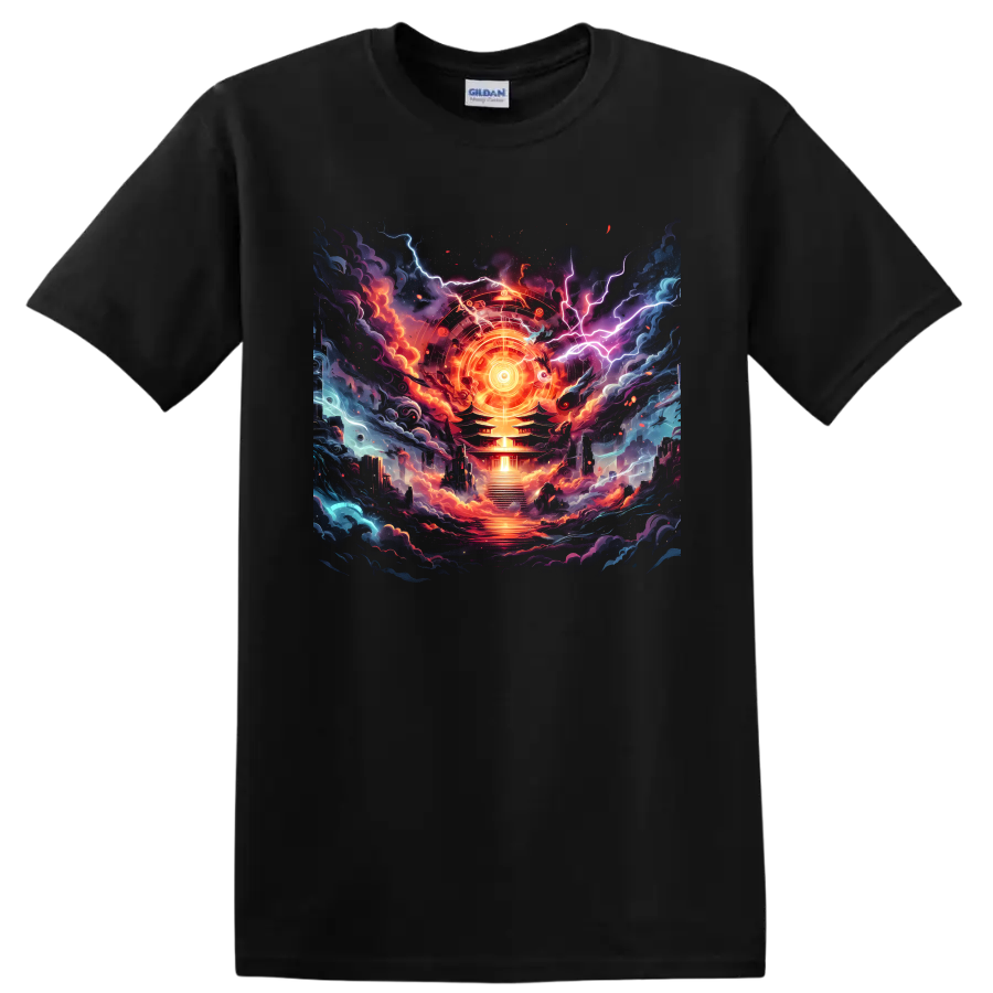 Cosmic temple graphic with radiant circular emblem, lightning, clouds, and embers on a Black T Shirt