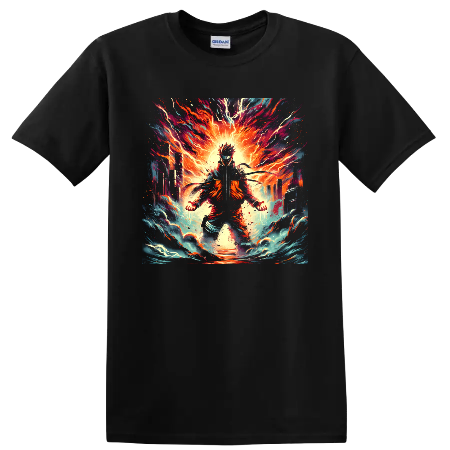 Naruto Uzumaki fiery anime ninja graphic with lightning, flames, and swirling waves on a Black T Shirt