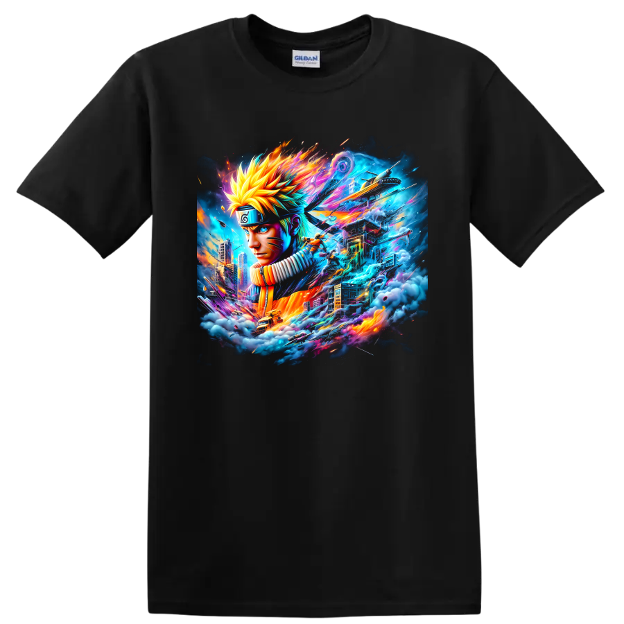 Naruto Uzumaki neon ninja portrait with futuristic cityscape and swirling energy on a Black T Shirt