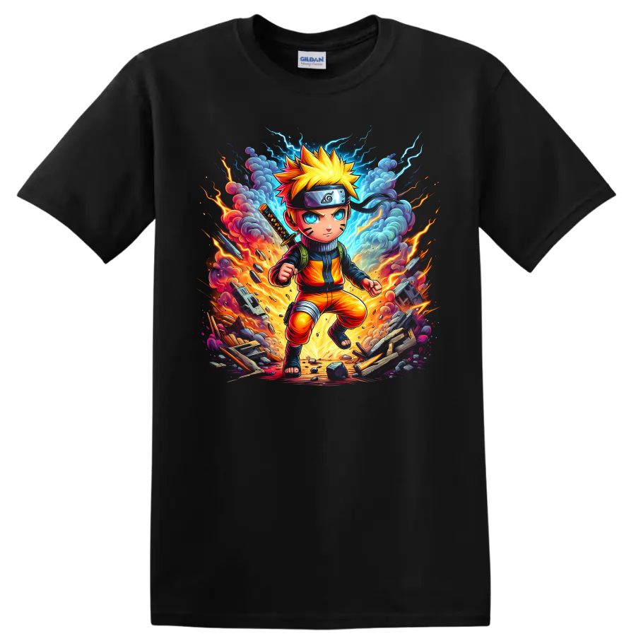 Naruto Uzumaki explosive anime ninja action graphic with lightning, fire, and debris on a Black T Shirt