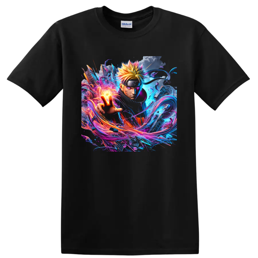 Naruto Uzumaki neon anime art with glowing energy orb and swirling effects on a Black T Shirt