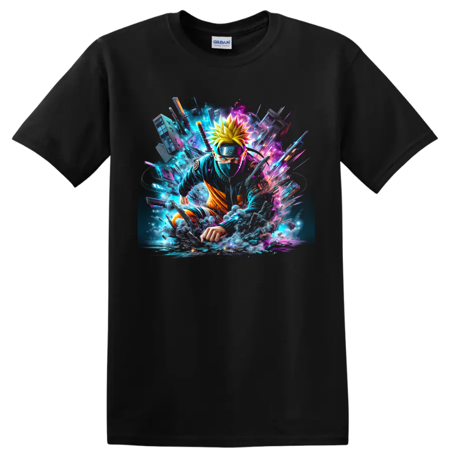 Naruto neon cyberpunk ninja action graphic with glowing shards and smoke on a Black T Shirt