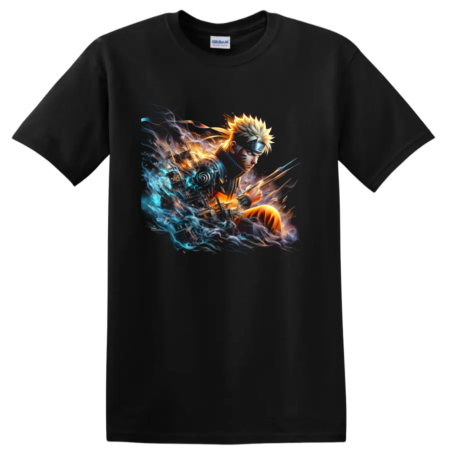 Naruto Uzumaki anime battle art with a kunai, fiery light, and blue energy on a Black T Shirt