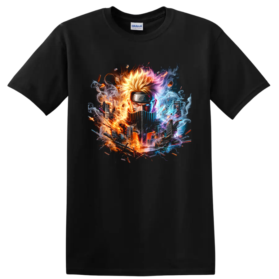 Naruto Uzumaki anime portrait with fiery and icy energy cityscape graphic on a Black T Shirt