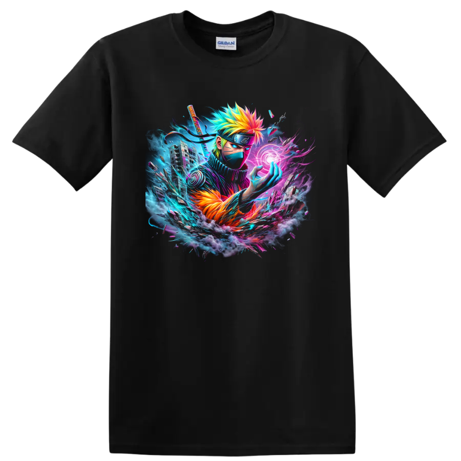Kakashi Hatake neon anime ninja with glowing energy orb and futuristic city artwork on a Black T Shirt