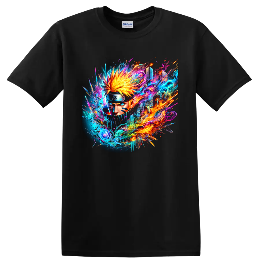 Naruto Uzumaki portrait with neon fire, electric swirls, and futuristic ninja art on a Black T Shirt
