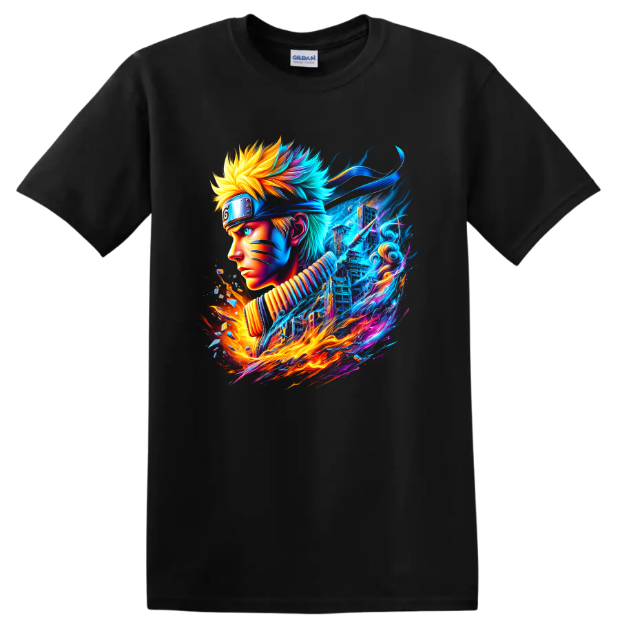 Naruto Uzumaki neon ninja portrait with blue energy and fiery action art on a Black T Shirt