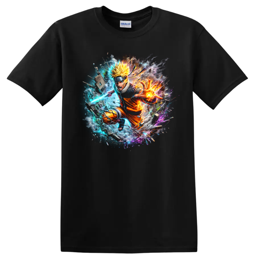 Naruto Uzumaki anime action graphic with fiery energy, blue lightning, and debris on a Black T Shirt