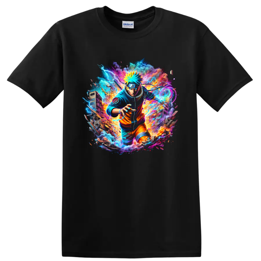 Naruto Uzumaki neon ninja action graphic with lightning and swirling energy on a Black T Shirt