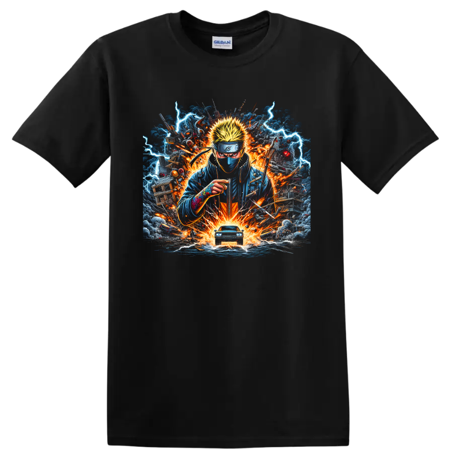 Kakashi Hatake anime action art with lightning, fire, storm clouds, and blue car on a Black T Shirt