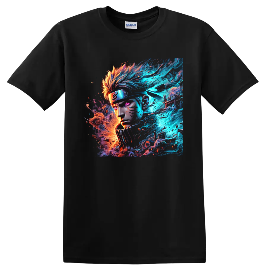 Naruto Uzumaki neon anime portrait with blue energy and orange fire effects on a Black T Shirt