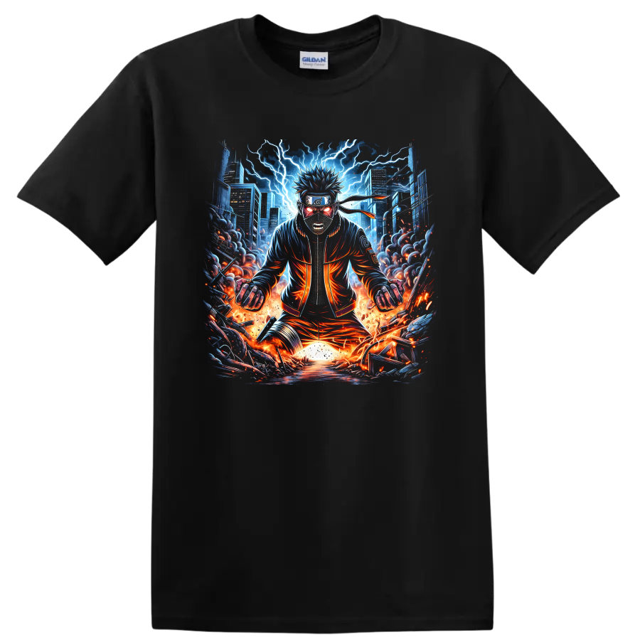 Naruto Uzumaki in cyberpunk anime style with lightning, flames, and a futuristic city on a Black T Shirt