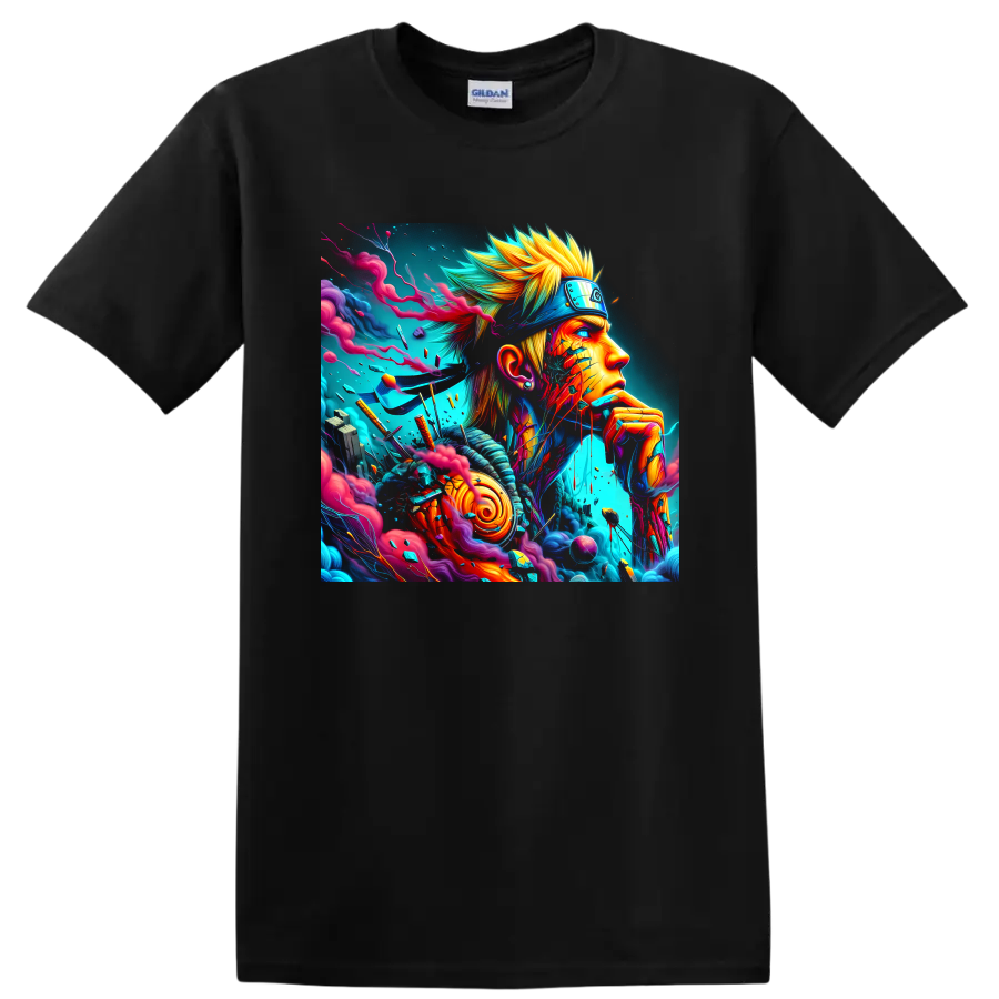 Naruto Uzumaki neon anime ninja portrait with swirling smoke and colorful energy art on a Black T Shirt
