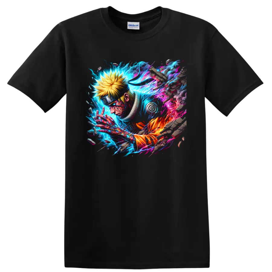 Naruto Uzumaki cyber ninja artwork with electric neon energy and shattered stone on a Black T Shirt