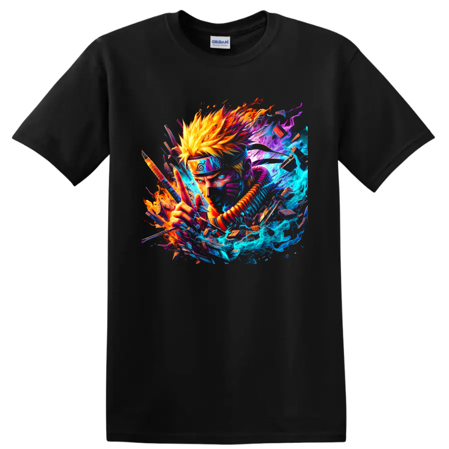 Naruto Uzumaki neon anime action graphic with blue energy and orange flames on a Black T Shirt