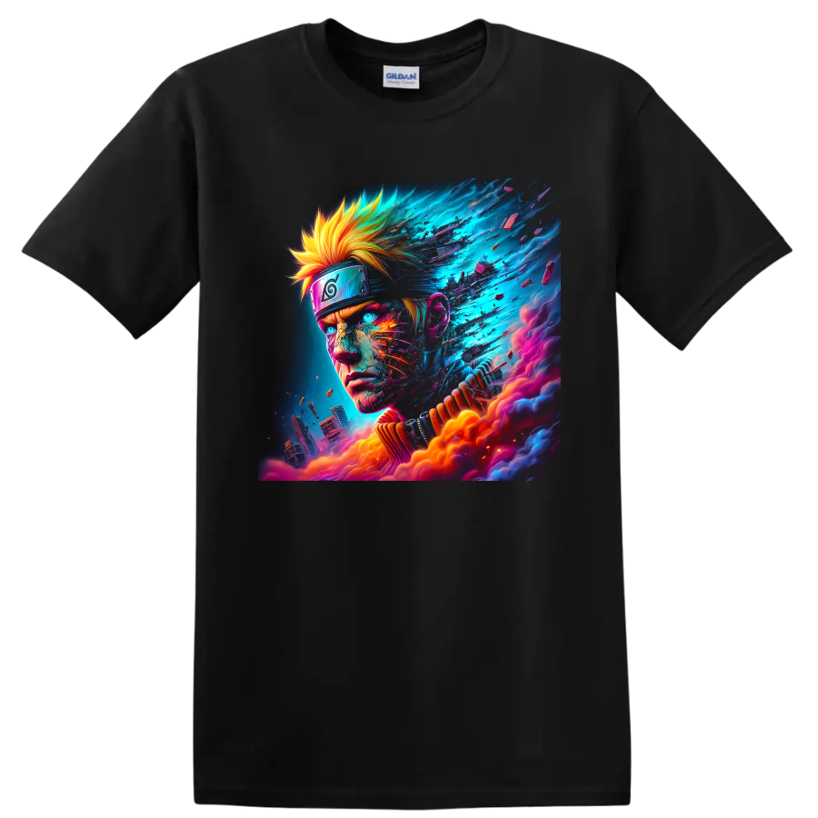 Naruto Uzumaki neon cyberpunk portrait with energy fragments and futuristic city on a Black T Shirt