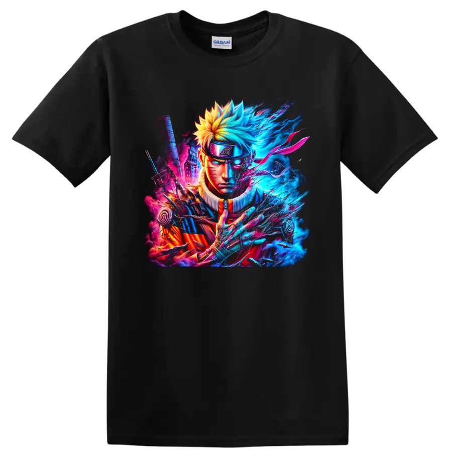 Naruto Uzumaki neon cyber ninja portrait with sword, spiral emblems, and energy effects on a Black T Shirt