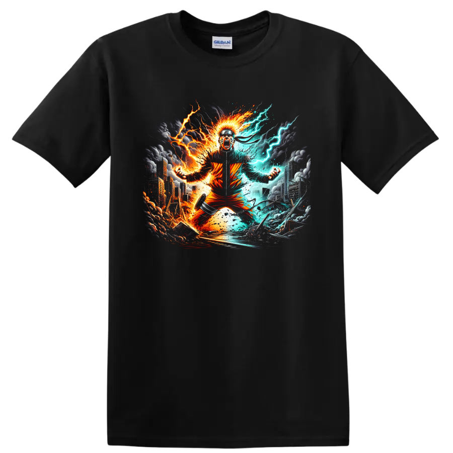 Naruto Uzumaki anime ninja with fiery orange energy and aqua lightning on a Black T Shirt