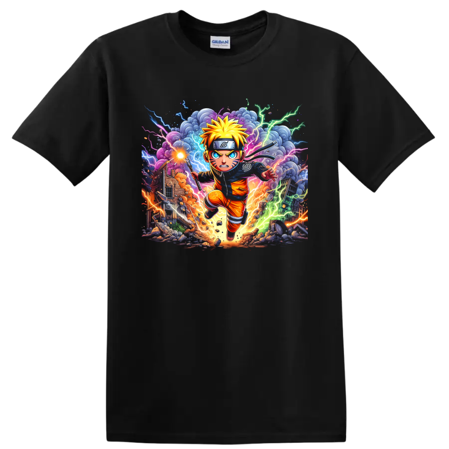 Naruto Uzumaki running in a vivid lightning battle anime graphic print on a Black T Shirt