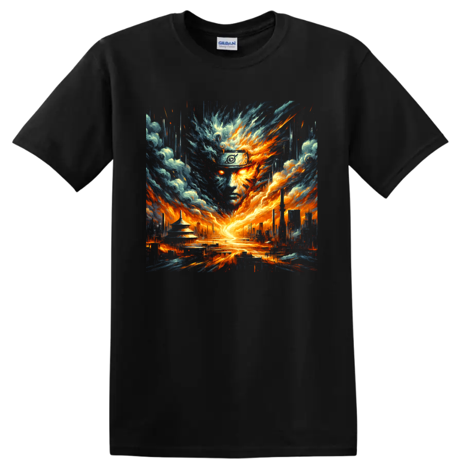 Naruto Uzumaki fiery storm portrait with a glowing cityscape in dramatic anime art on a Black T Shirt