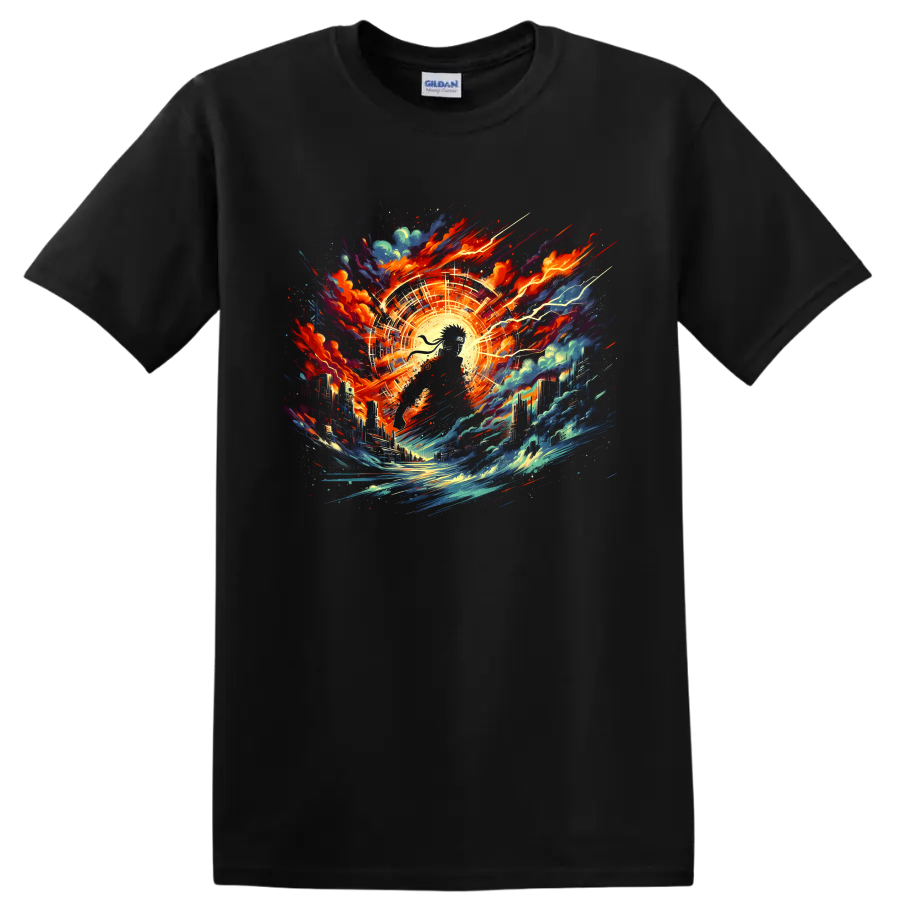 Naruto Uzumaki-inspired ninja with cosmic city, energy burst, waves, and lightning on a Black T Shirt