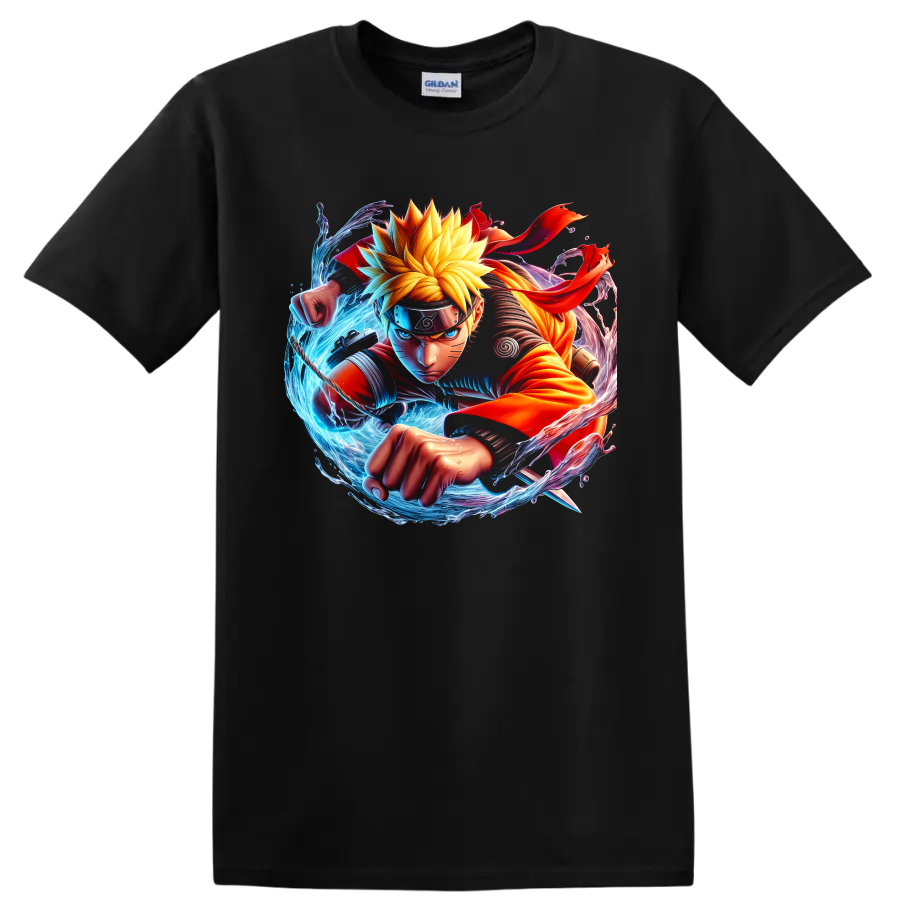 Naruto Uzumaki anime ninja action graphic with blue energy and fiery orange motion on a Black T Shirt