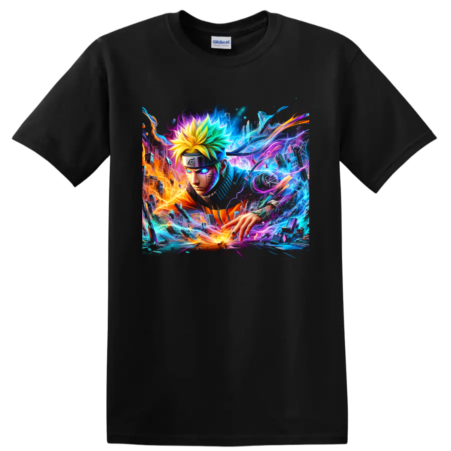 Naruto Uzumaki neon cyberpunk ninja graphic with glowing energy and futuristic city on a Black T Shirt