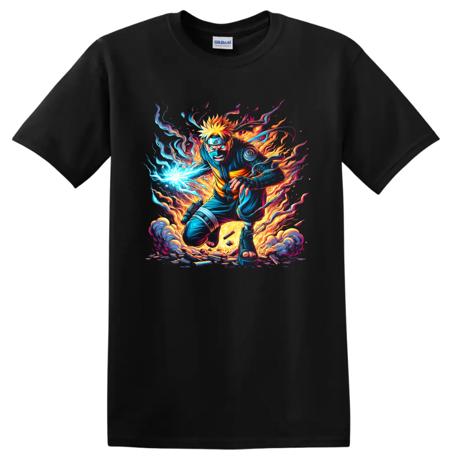 Naruto Uzumaki ninja action graphic with blue energy, flames, and smoke on a Black T Shirt