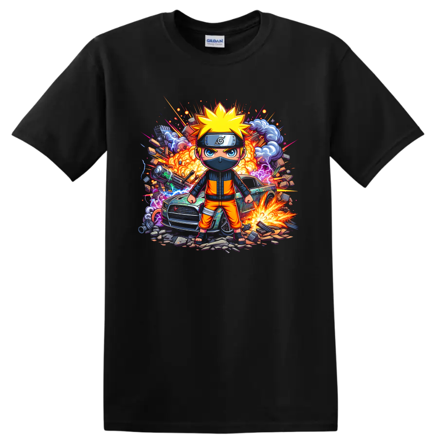 Chibi Naruto Uzumaki ninja with explosions, lightning, smoke, and sports car action on a Black T Shirt