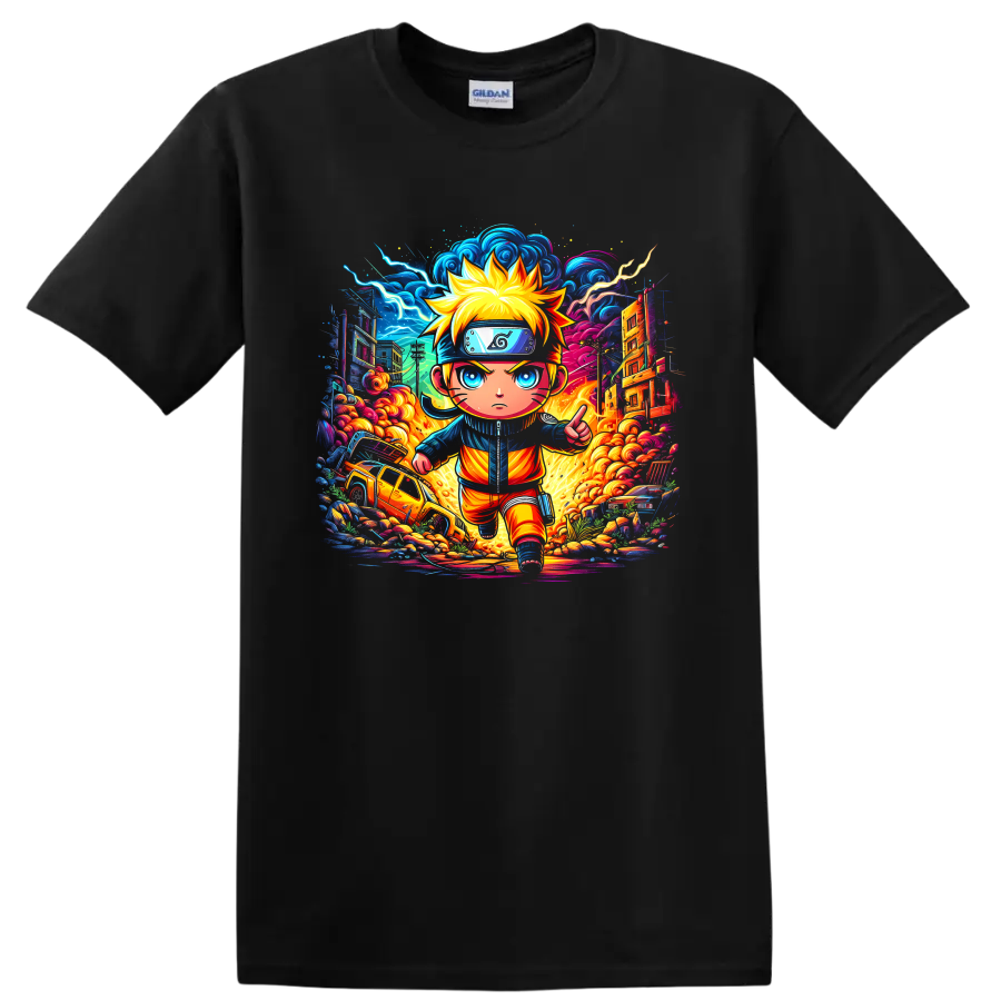 Naruto Uzumaki chibi ninja running through a neon lightning city action scene on a Black T Shirt