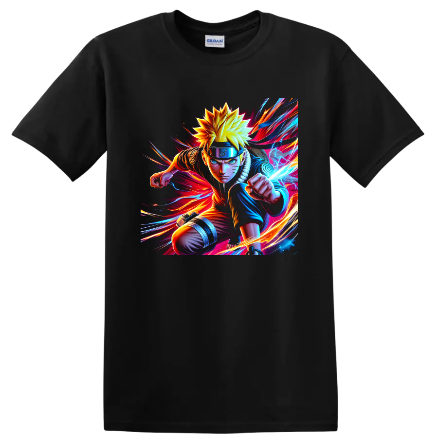 Naruto Uzumaki charging with Rasengan in vivid neon anime action art on a Black T Shirt