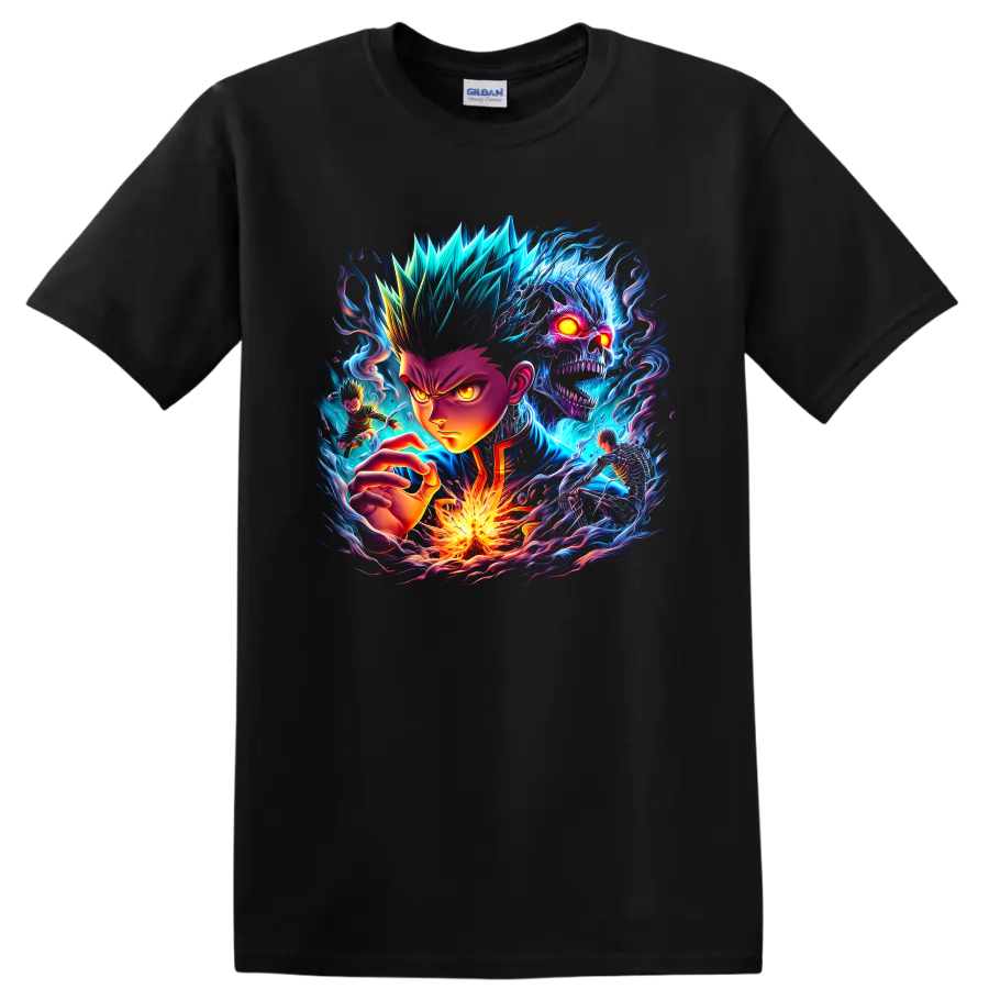 Gon Freecss neon fantasy graphic with spectral skull, fire, and swirling energy on a Black T Shirt