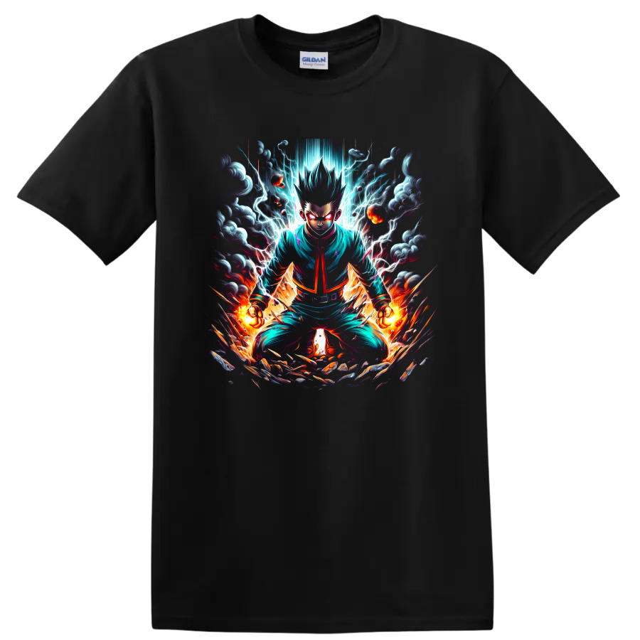Hajime Kashimo anime warrior graphic with lightning, flames, and storm clouds on a Black T Shirt