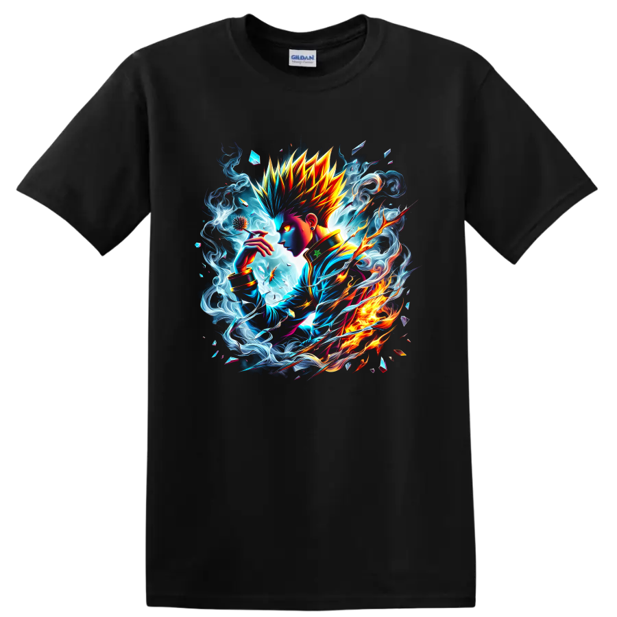 Killua Zoldyck anime portrait with electric blue energy and fiery fantasy artwork on a Black T Shirt