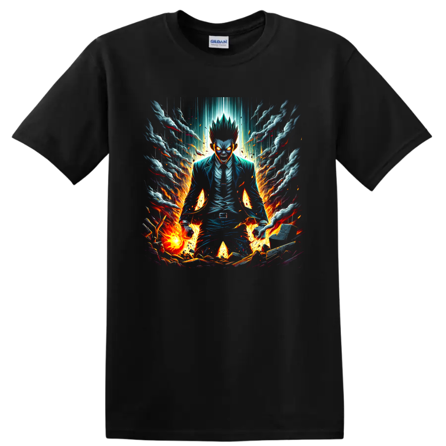 Souichi Kiruma Usogui manga-style graphic with flames, smoke, sparks, and glowing eyes on a Black T Shirt