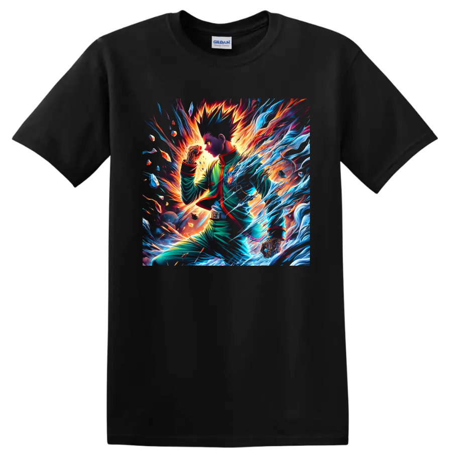 Gon Freecss and Killua Zoldyck anime battle art with blue energy and fiery light on a Black T Shirt