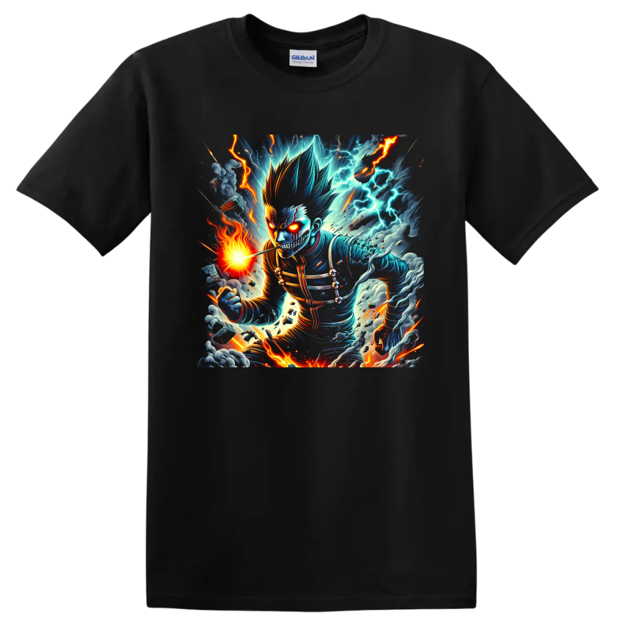 Cosmic Garou anime battle graphic with lightning, fire, storm clouds, and glowing eyes on a Black T Shirt