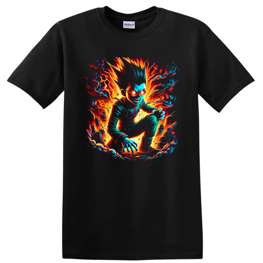 Gon Freecss in a fiery electric anime action graphic on a Black T Shirt