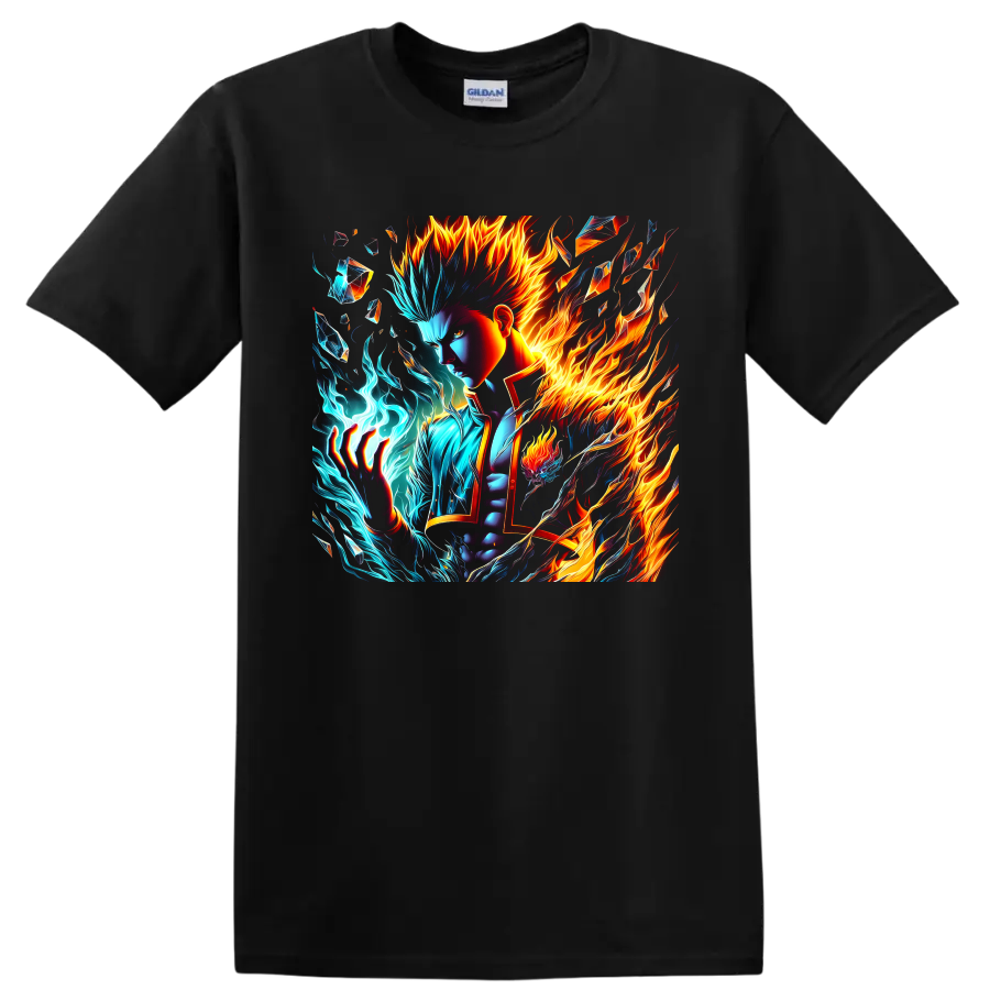 Shoto Todoroki fire and ice anime-style graphic with crystalline shards on a Black T Shirt