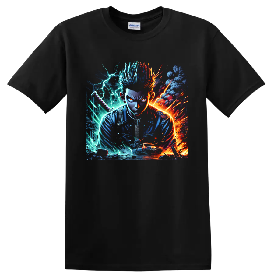Gaku anime fighter graphic with blue and red hair, lightning, fire, sword hilt, and car on a Black T Shirt