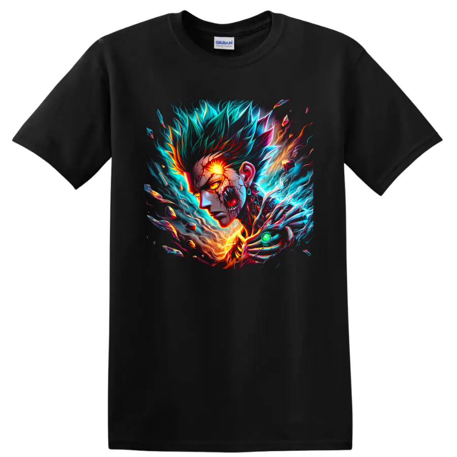 Cosmic Garou neon energy portrait with blazing eye, lightning, flames, and shards on a Black T Shirt