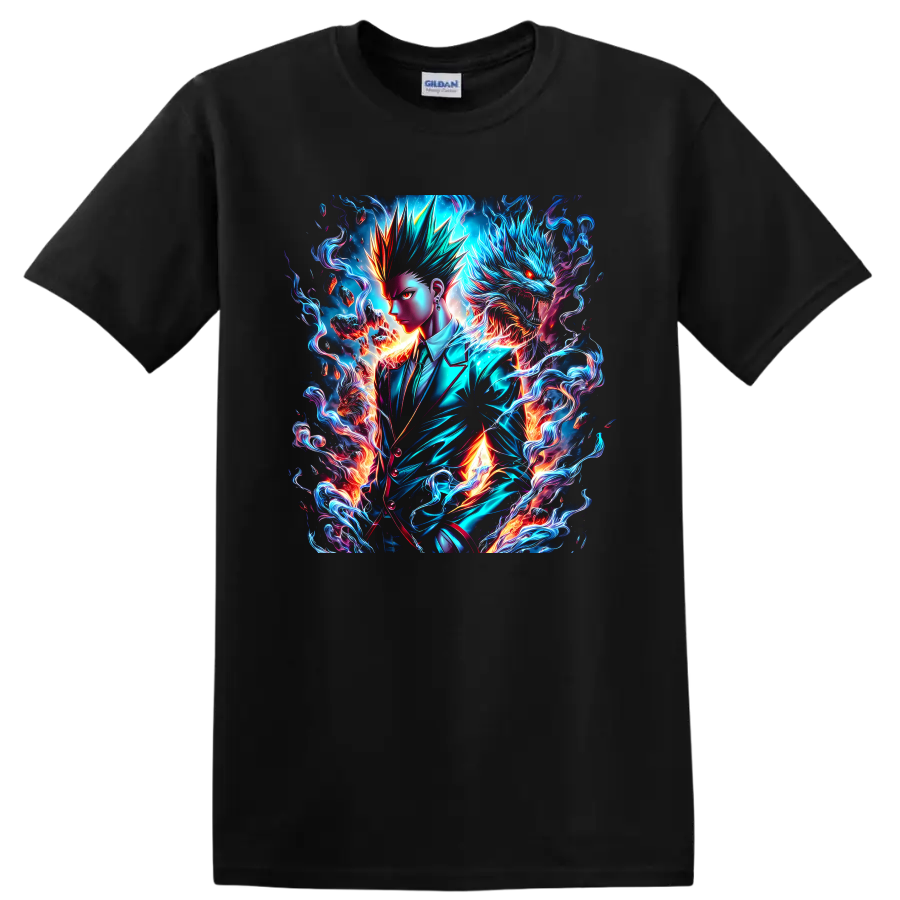 Kaji Takaomi neon fantasy art with a blue dragon, flames, and swirling energy on a Black T Shirt