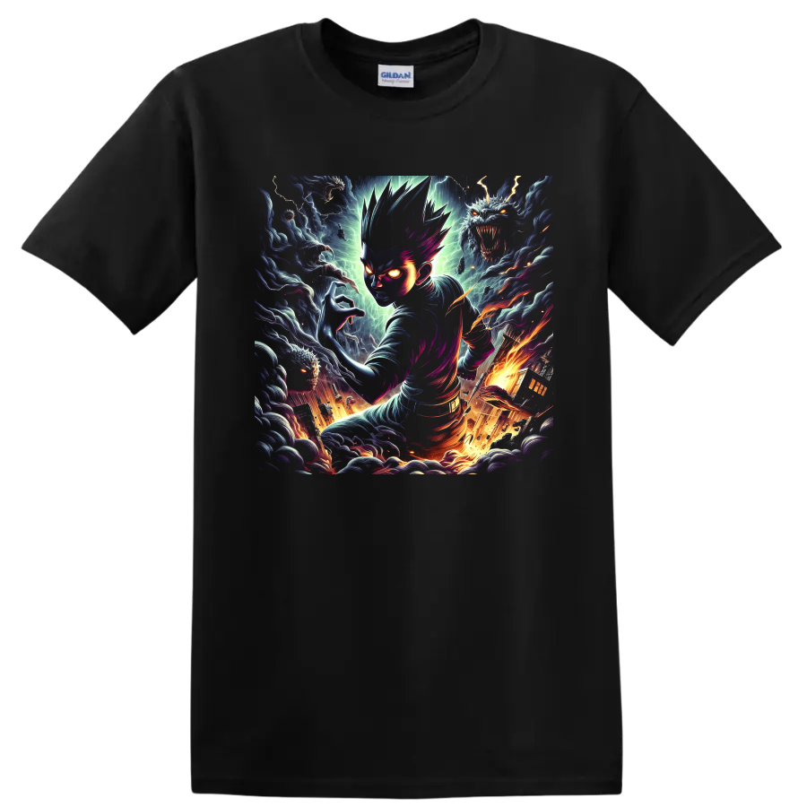 Glowing-eyed anime fighter with shadow beasts, lightning, and fiery fantasy art on a Black T Shirt