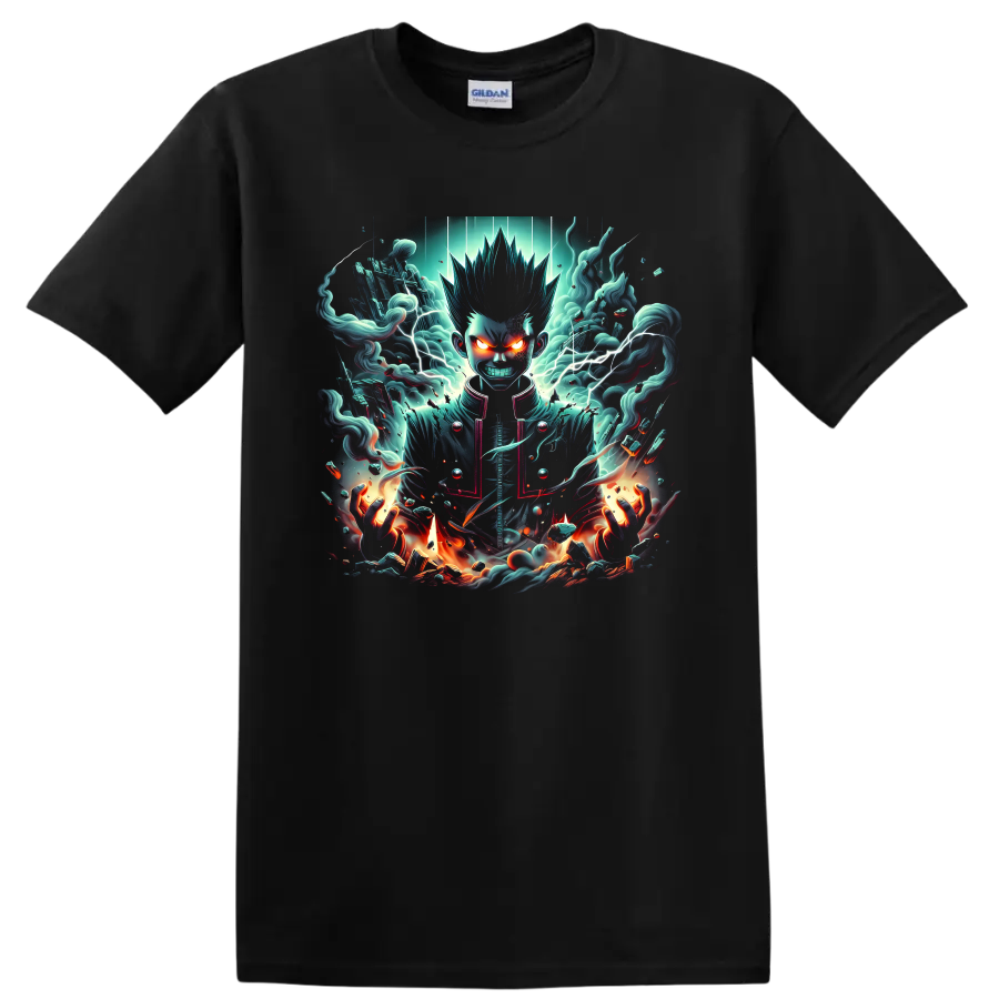 Shigeo Kageyama dark psychic anime art with lightning, teal vapor, and flames on a Black T Shirt
