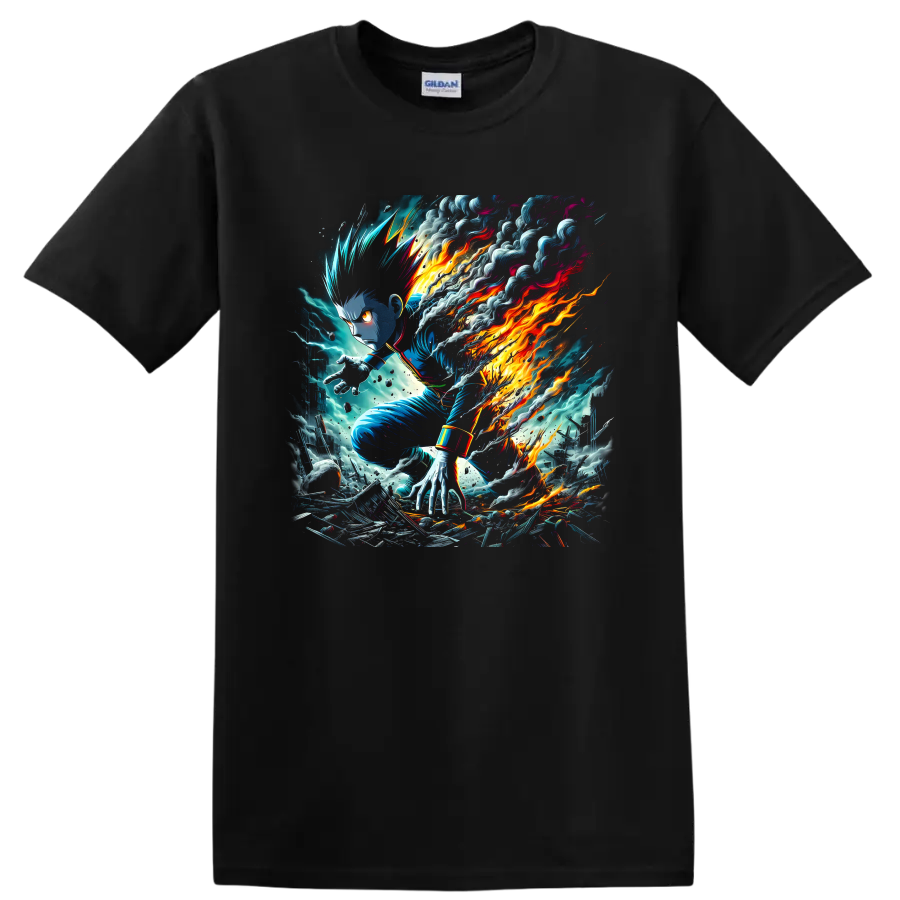 Killua Zoldyck action artwork with blue lightning, smoke, and blazing energy on a Black T Shirt