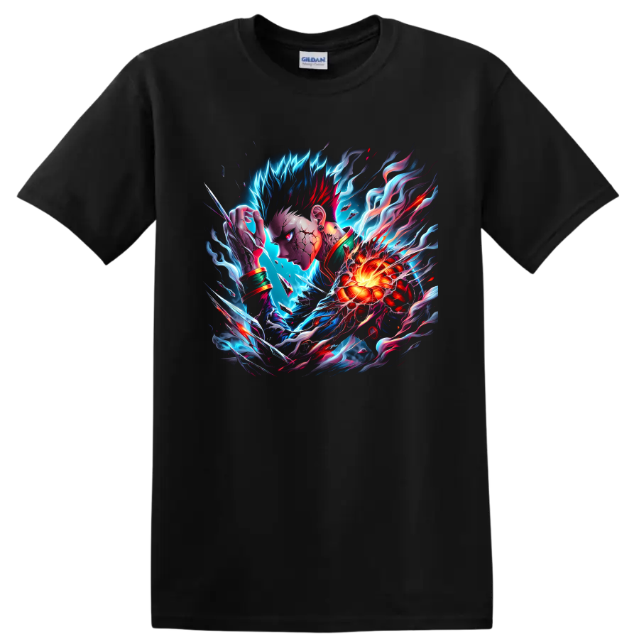 Lord Boros-inspired anime warrior with glowing energy core and cosmic battle effects on a Black T Shirt