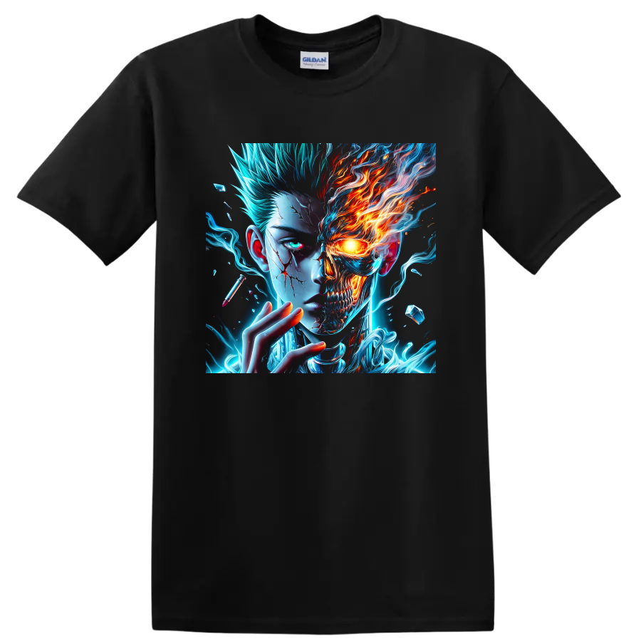 Dabi split-face cyberpunk graphic with blue energy, flames, and skeletal skull detail on a Black T Shirt