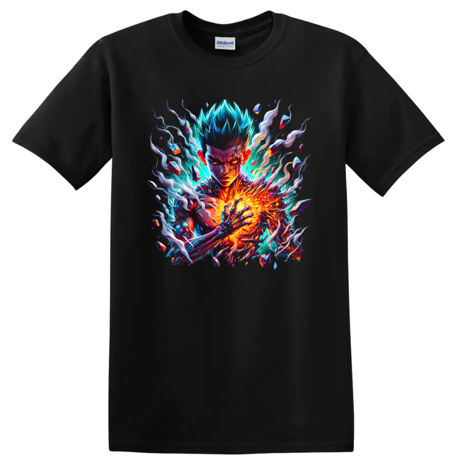 Cosmic Garou neon energy anime artwork with crystal shards and fiery cosmic effects on a Black T Shirt