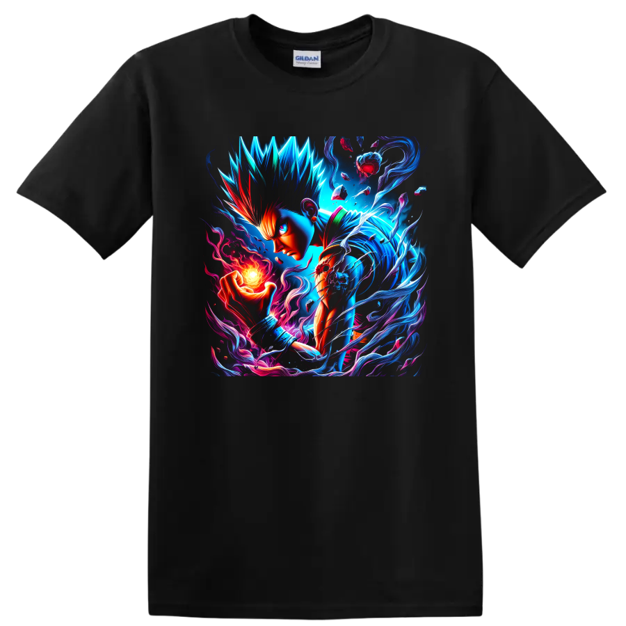 Garou warrior with neon blue energy, flame orb, and shards in vivid anime art on a Black T Shirt