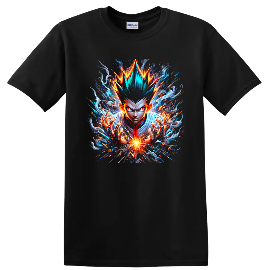 Gon Freecss with spiky hair and radiant energy in dramatic anime action art on a Black T Shirt